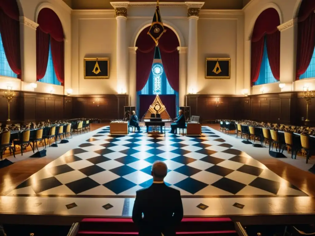 Intrigante escena de sala masónica iluminada con músicos ensayando, fusionando influencia de la música en masonería