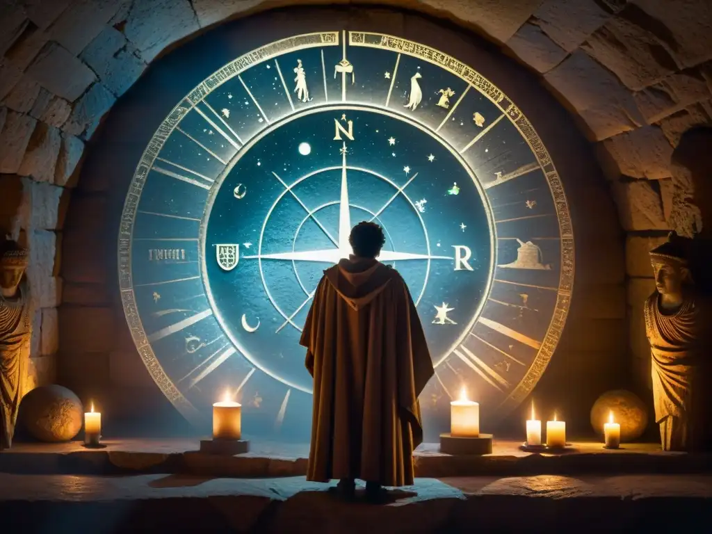 Conspiración romana: misterio en la cámara secreta de Júpiter Intrigante escena de una sociedad secreta Júpiter influencia, figuras sombrías en túnel iluminado por velas y mapa celestial