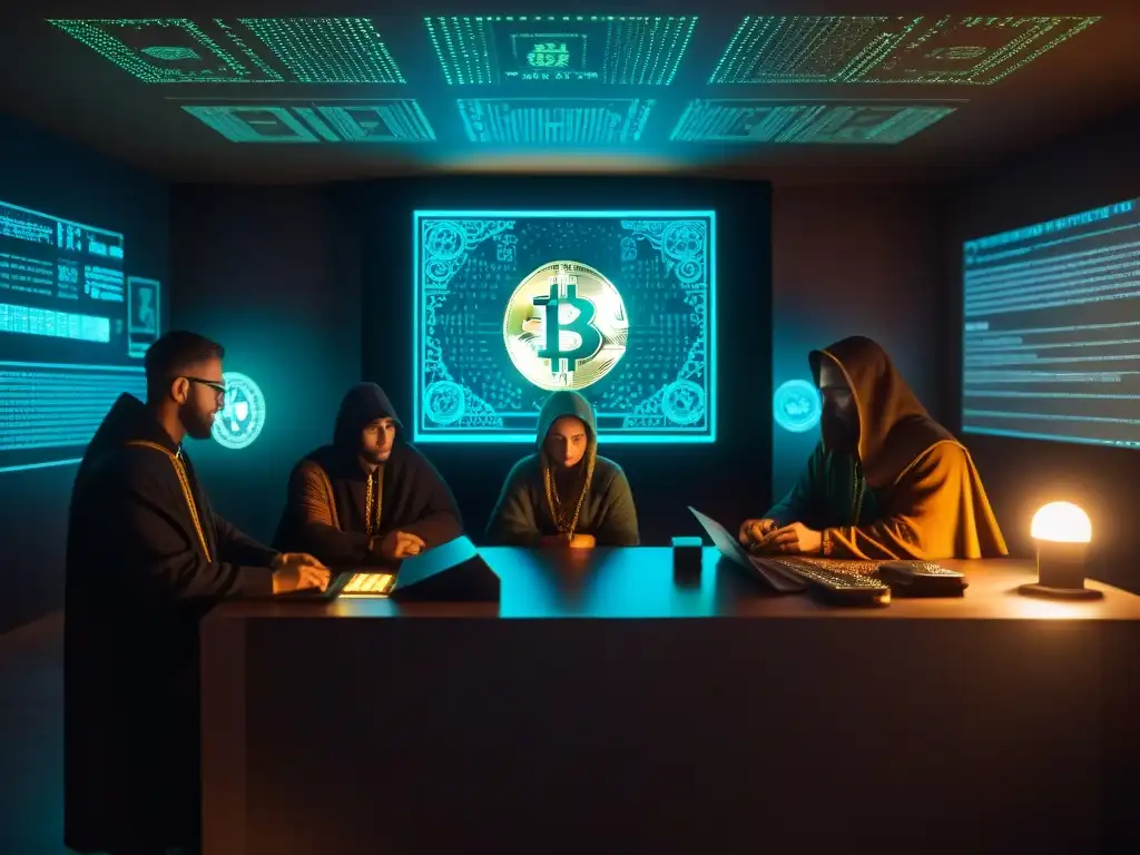 Intrigante escena de sociedades secretas en criptomonedas, con figuras misteriosas alrededor de una pantalla brillante