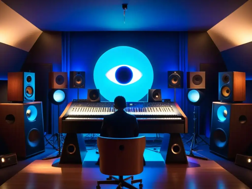 Intrigante estudio de grabación con símbolo oculto, iluminado en azul, evocando la influencia Illuminati en la industria musical