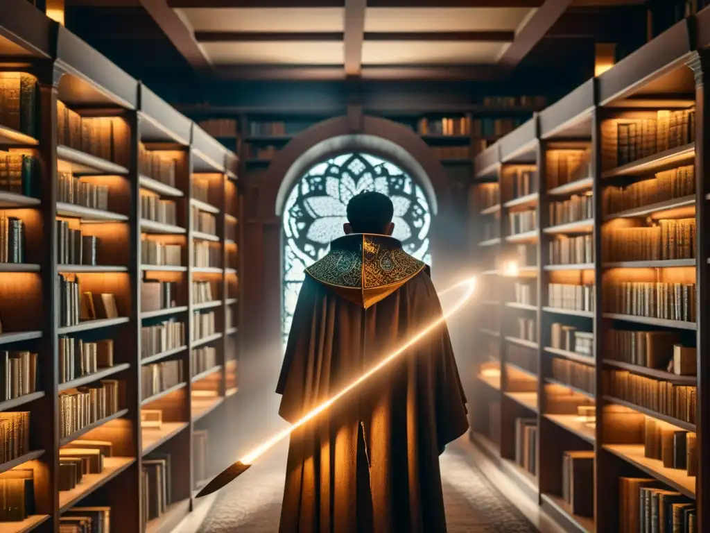 Intrigante figura en biblioteca de libros antiguos, símbolos misteriosos, luz filtrada