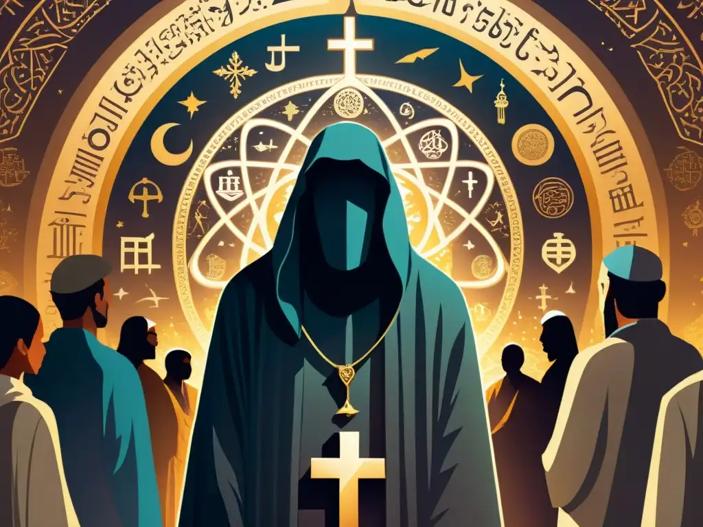 Intrigante ilustración de figura en la sombra entre diversas religiones, revelando la influencia de los Illuminati