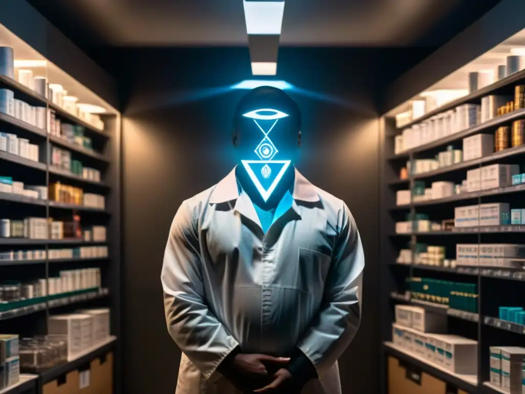 Intrigante figura en la sombra rodeada de productos farmacéuticos con símbolos Illuminati