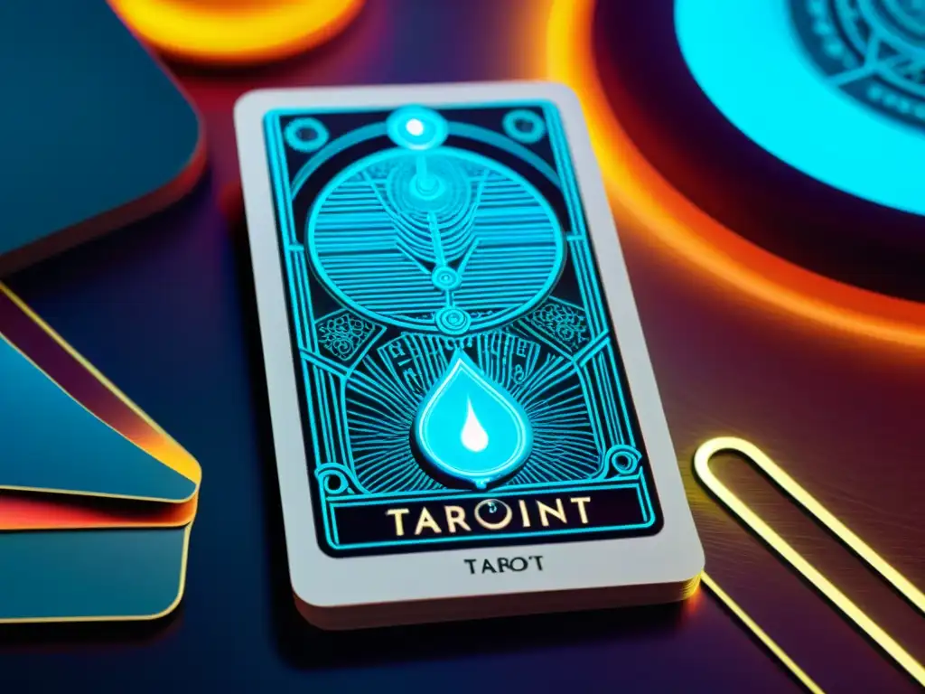 Una intrigante fusión entre el tradicional mazo de tarot y un trasfondo digital futurista, simbolizando la revolución tarot digital aplicaciones