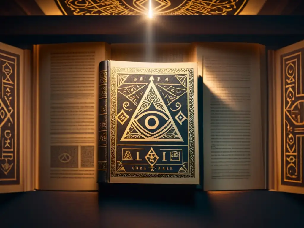 Intrigante habitación iluminada con símbolos misteriosos y un libro antiguo de Illuminati