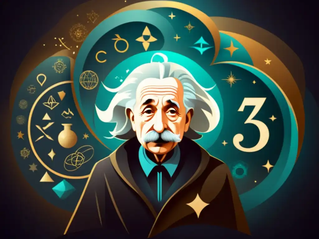 Ilustración intrigante de Albert Einstein inmerso en pensamientos, rodeado de ecuaciones y símbolos místicos, con una figura sombría en segundo plano