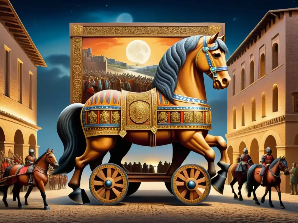 Intrigante pintura del Caballo de Troya bajo la luna, con sociedades secretas y misterios arte