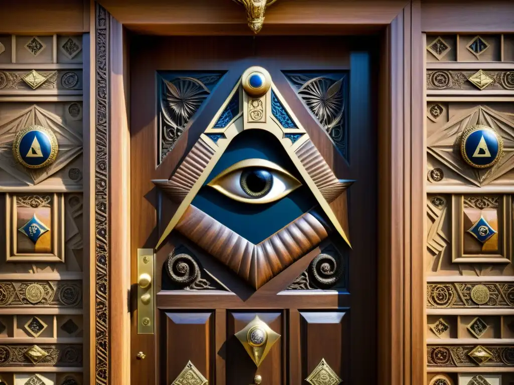 Intrigante puerta de madera tallada con símbolos masónicos, revelando un pasillo en penumbra
