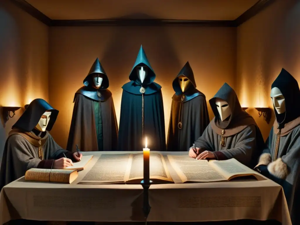 Intrigante reunión de figuras misteriosas en la Sociedad Thule, rodeadas de manuscritos y herramientas criptográficas, iluminadas por velas