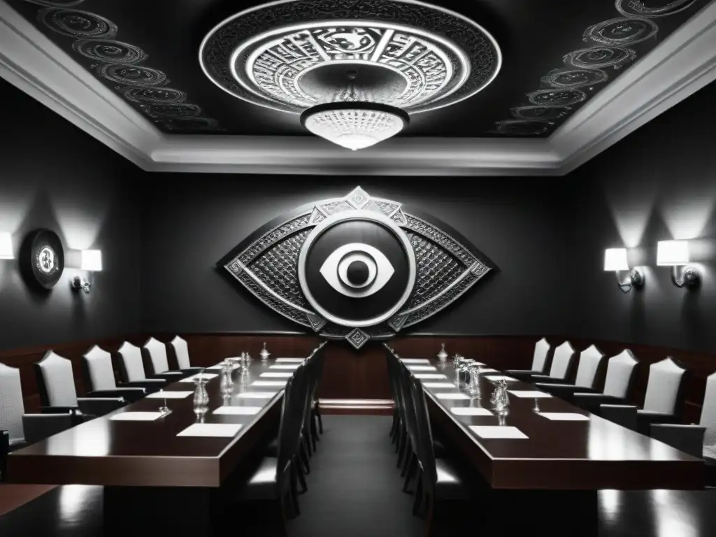 Intrigante reunión en sala sombría de Los Illuminati discutiendo influencia sociedades secretas política mundial