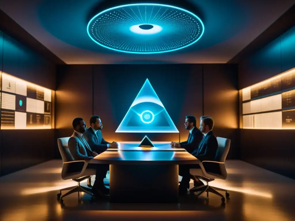 Intrigante reunión secreta de los Illuminati en sala futurista con holograma, símbolo de su influencia en movimientos sociales