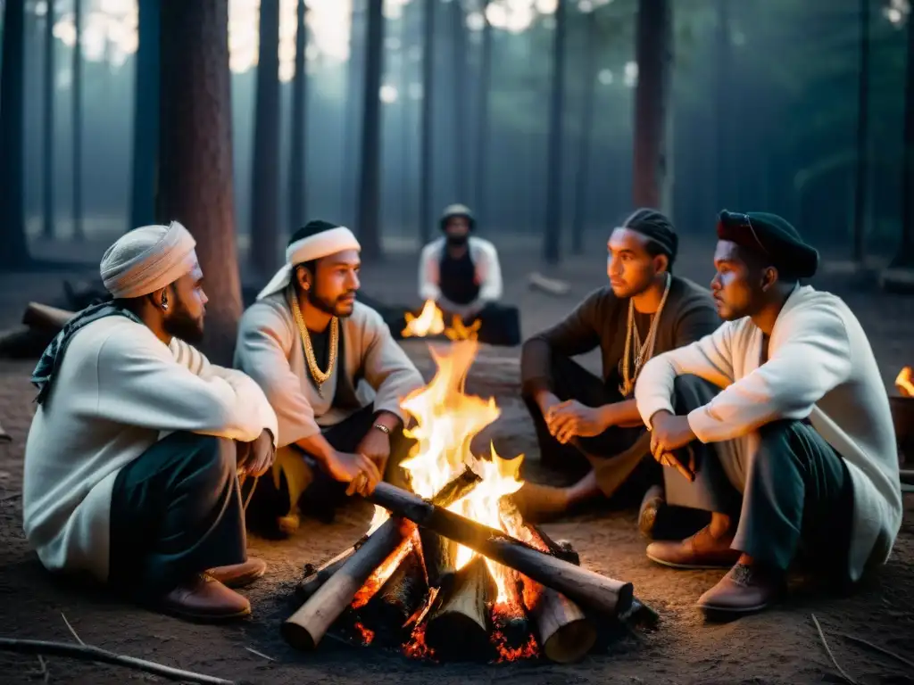 Intrigante reunión de Thuggees en el bosque, bajo la luz de la fogata