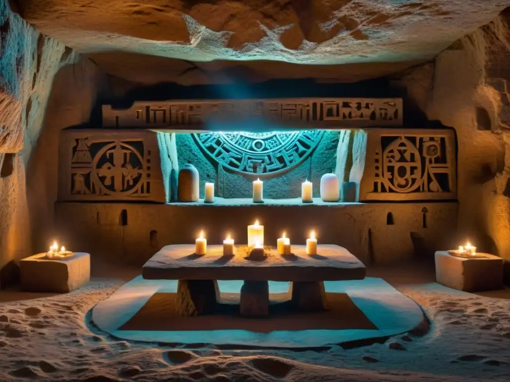 Ritual misterioso en cámara subterránea antigua Intrigante ritual de sociedad secreta en cámara subterránea iluminada por velas