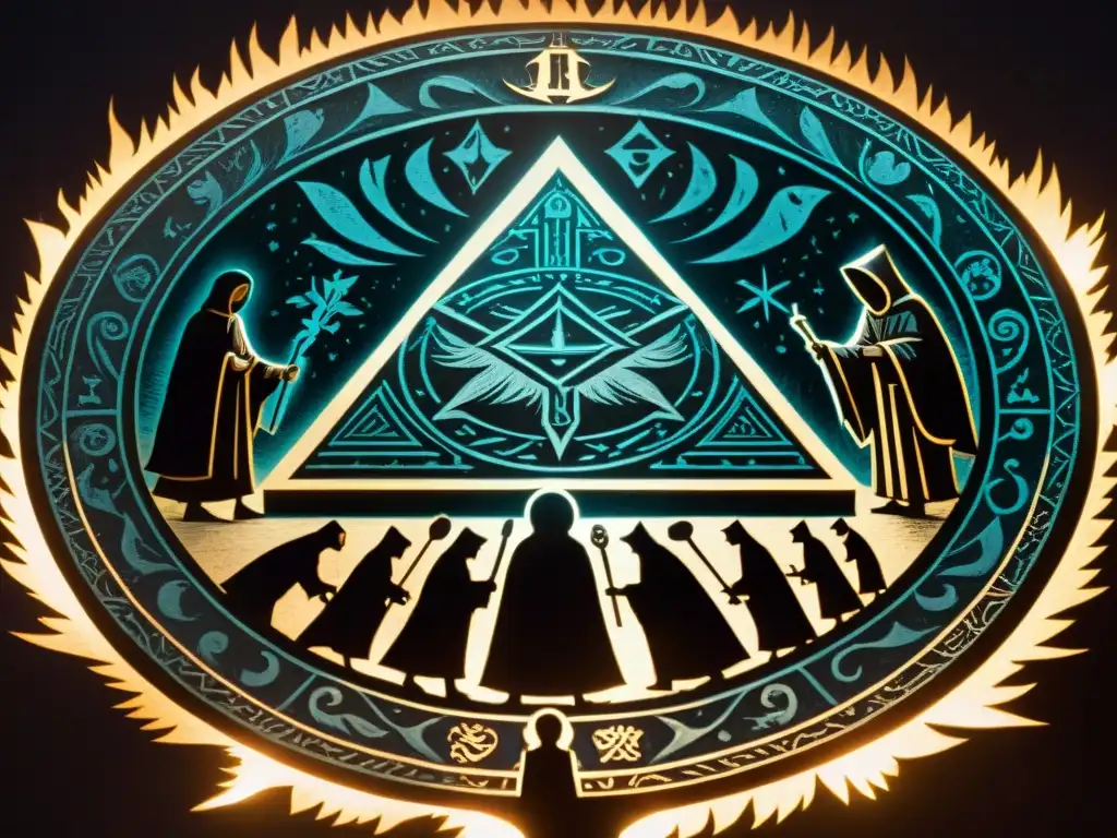 Ceremonia de iniciación mística en la oscuridad Un intrigante ritual de iniciación en sociedad secreta, con figuras en capas alrededor de un místico símbolo