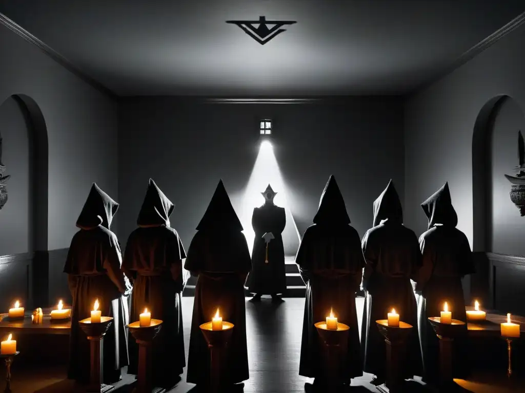 Intrigante ritual en templo masónico con símbolos misteriosos y sombras, influencia de la magia negra