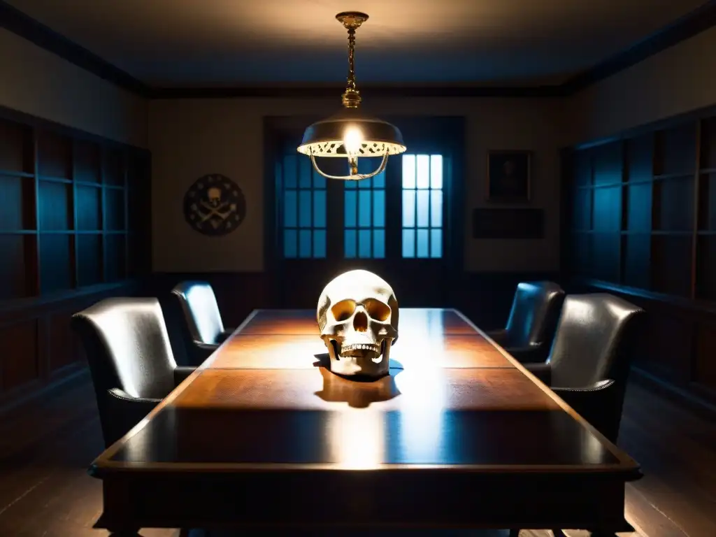 Intrigante sala oscura con mesa de madera, libro antiguo y calavera plateada