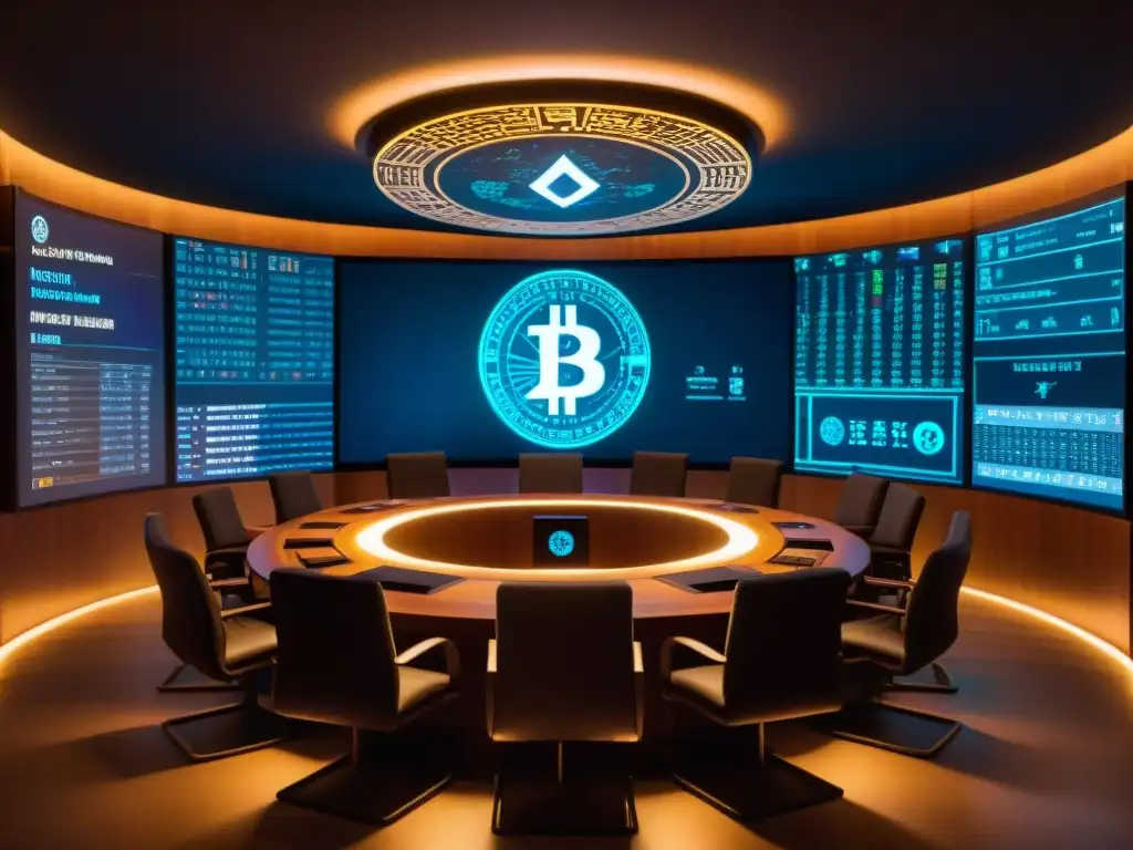 Intrigante sala de reuniones secreta con figuras en capuchas, símbolos antiguos y gráficos de criptomonedas