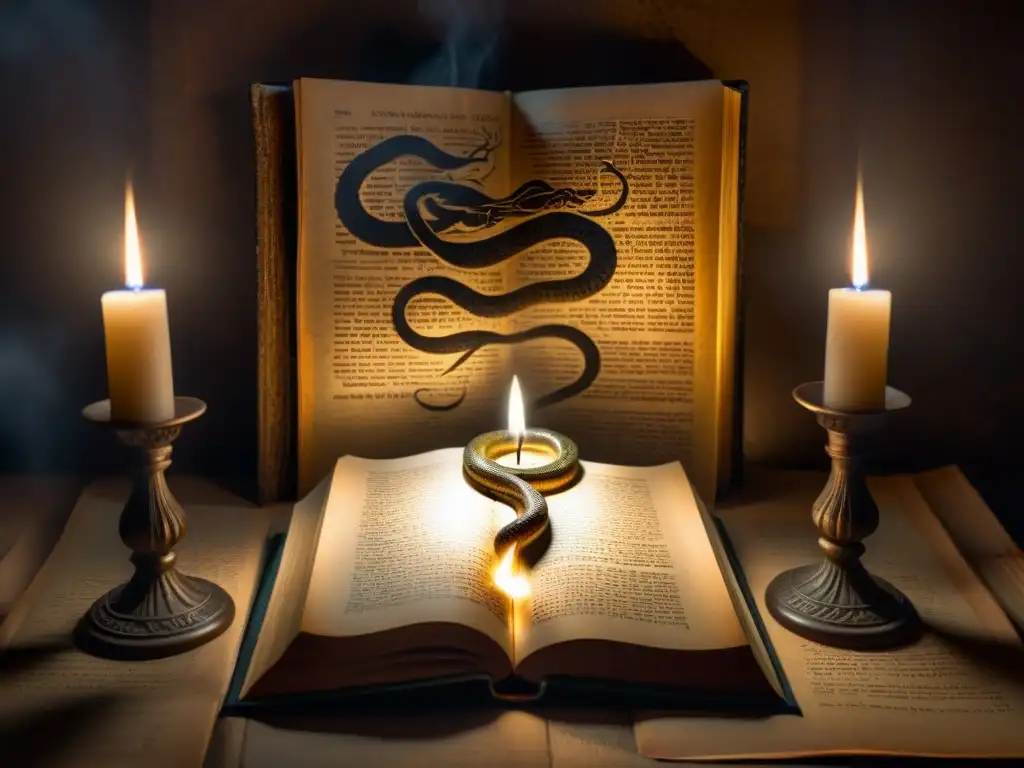 Intrigante sala con símbolos antiguos, libro de piel de serpiente, neblina y serpiente fantasmal