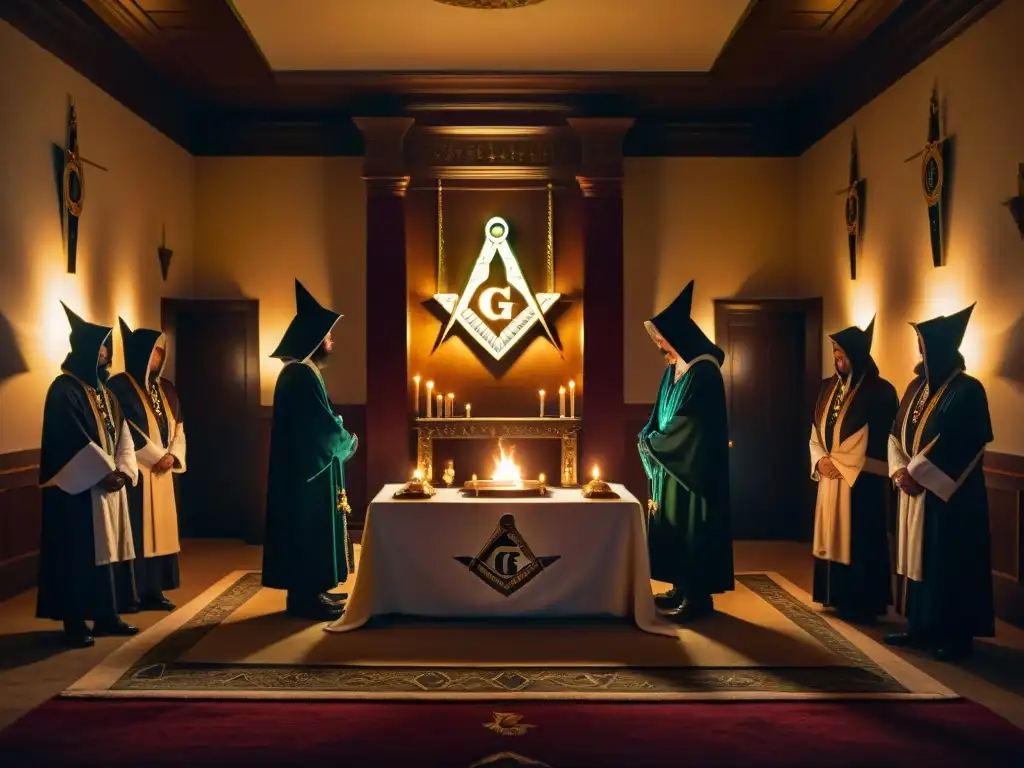 Intrigante ritual masonería en cámara secreta iluminada por velas