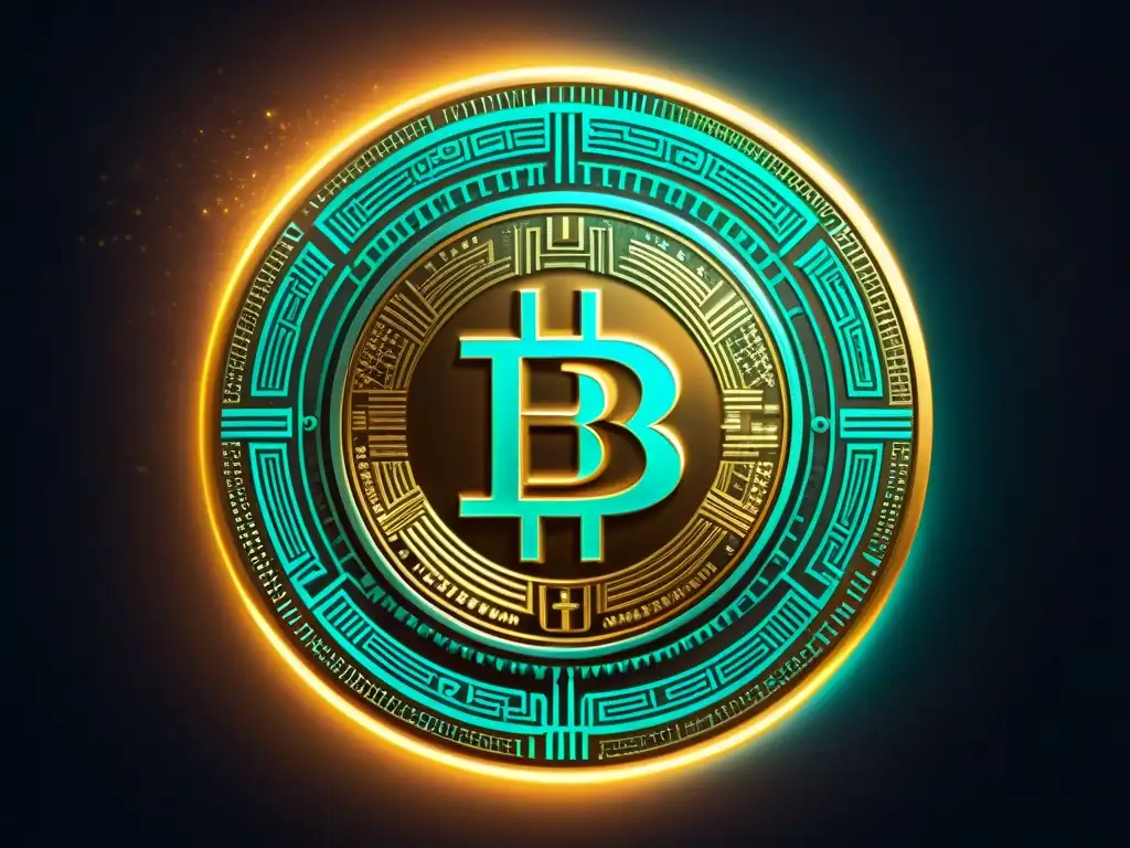 Criptomoneda misteriosa: símbolos esotéricos y digitales entrelazados Un intrigante símbolo esotérico de criptomoneda con elementos modernos en un fondo oscuro misterioso, evocando conocimientos ocultos