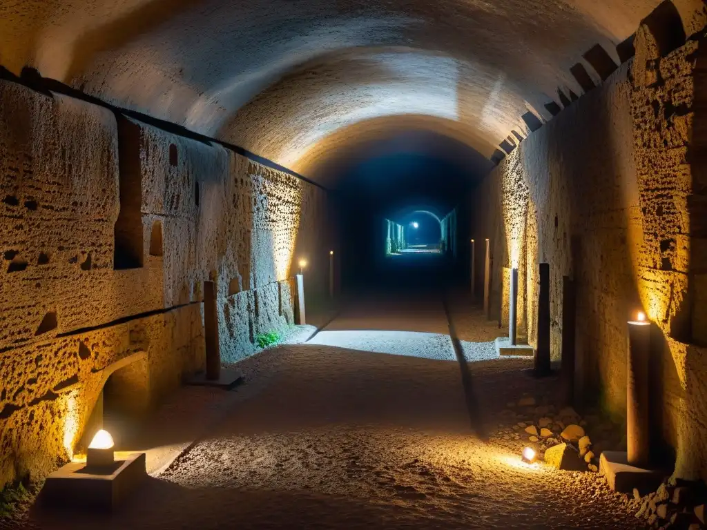 Intrigante túnel subterráneo en las Catacumbas de París, con huesos, antorchas y símbolos misteriosos tallados