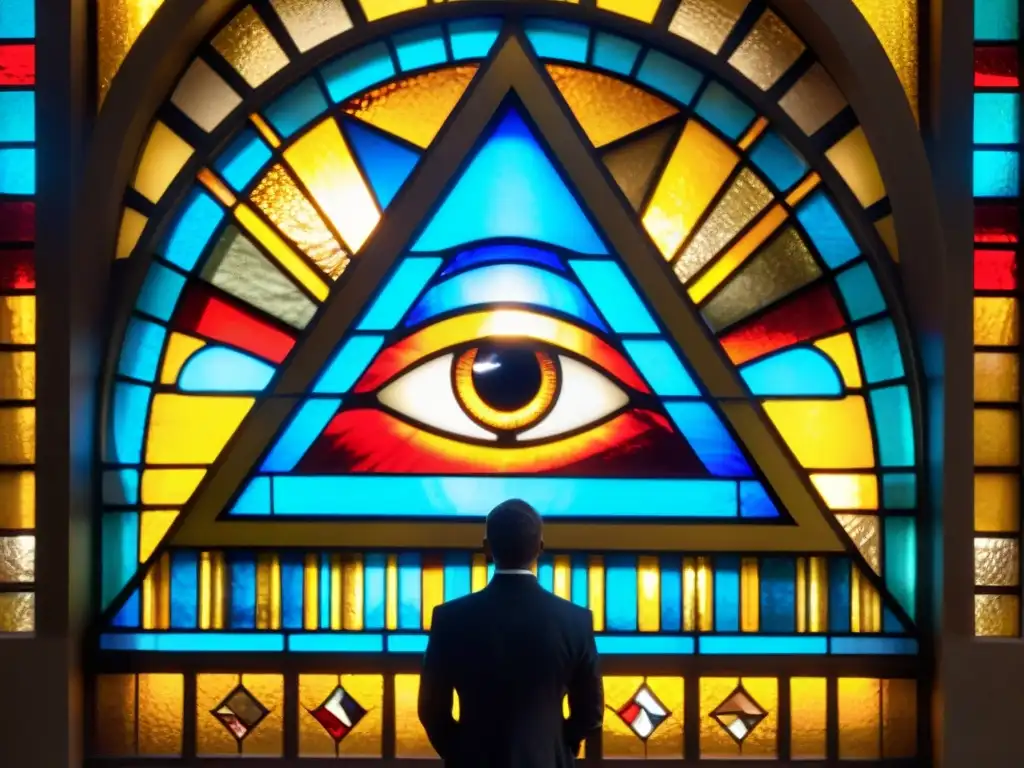 Intrigante vitral de catedral cristiana con símbolos Illuminati, reflejando la influencia secreta en religiones