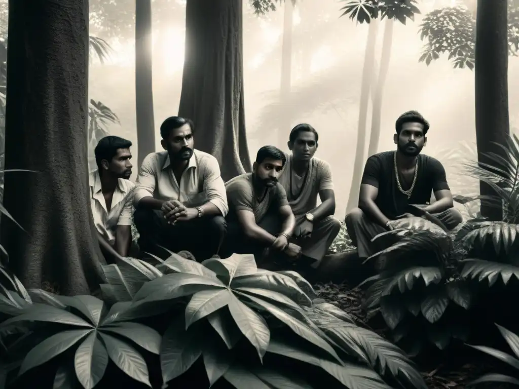 Intrincada ilustración en blanco y negro de los Thugs en la selva india, mostrando su origen y misterio