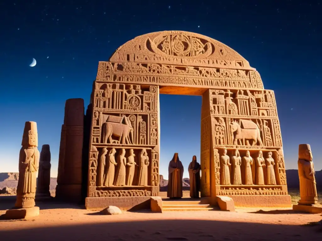 Intrincada escultura de piedra antigua representando a sociedades secretas en misterioso ritual bajo el cielo estrellado