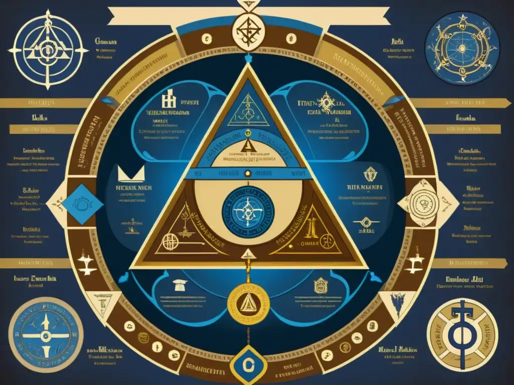 Intrincada estructura jerárquica y secretos de la Fraternidad Rosacruz en tonos azules, dorados y tierras