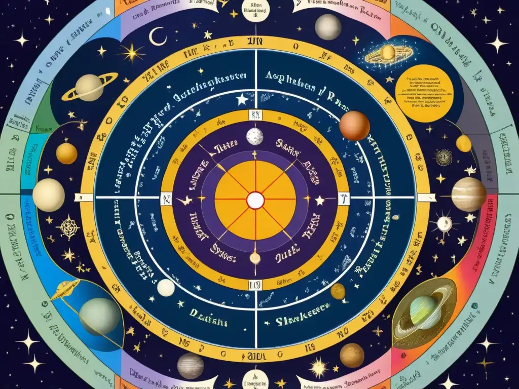 Intrincada representación de la influencia de la astrología en las obras de Shakespeare, a través de un detallado mapa astral