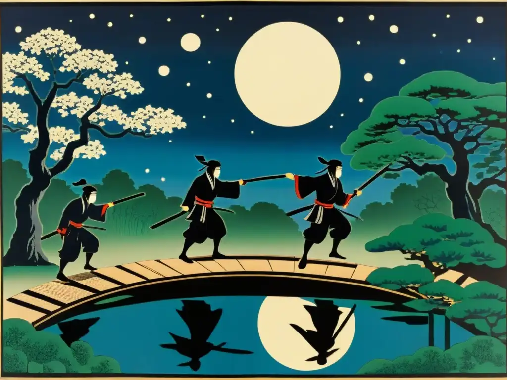 Intrincada impresión en madera de ninjas en un jardín japonés iluminado por la luna, evocando misterio y peligro