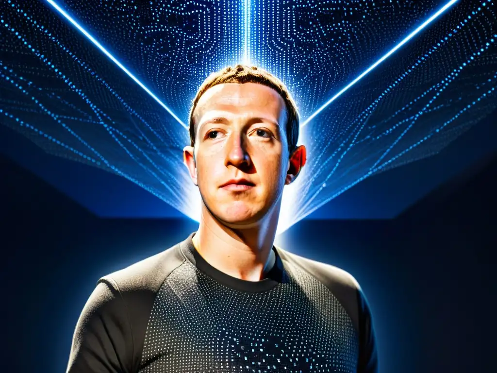 Intrincada obra digital con Zuckerberg rodeado de figuras sombrías que simbolizan los Illuminati, con un entramado de código binario y flujos de datos