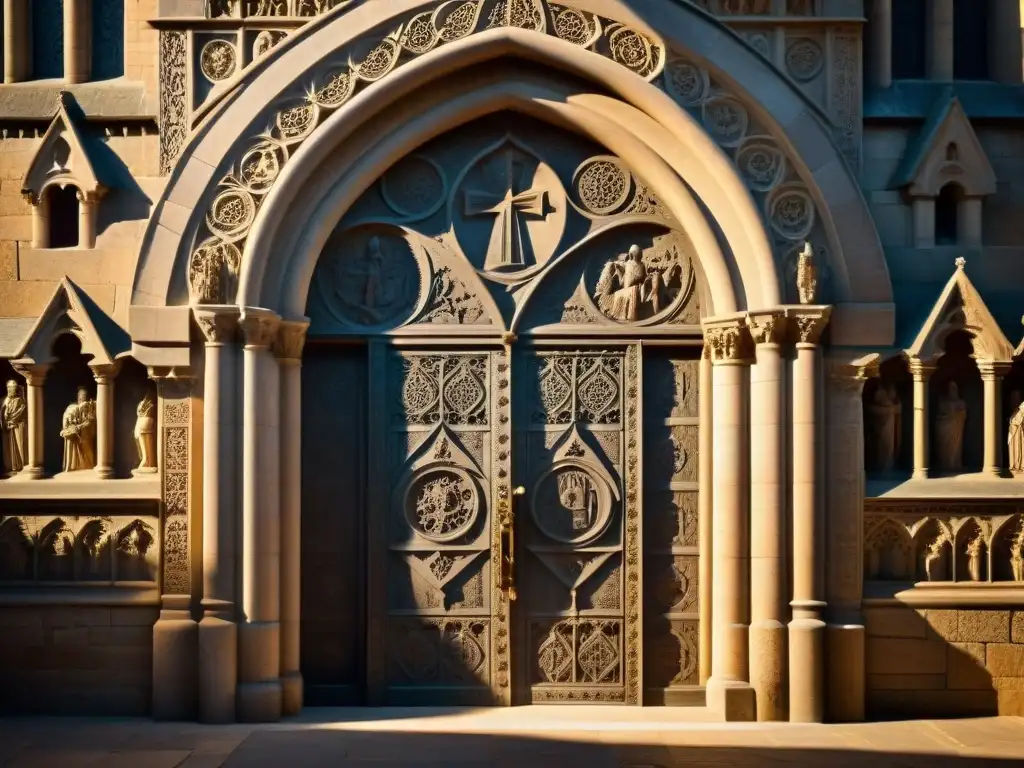 Intrincada puerta de piedra en catedral medieval, con símbolos ocultos y atmósfera de misterio y sabiduría ancestral