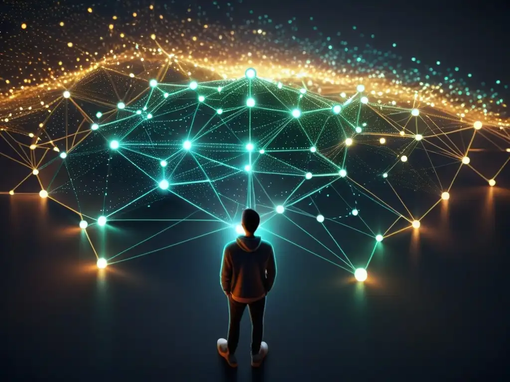 Red de encriptación: Algoritmos y códigos en red Intrincada red de nodos criptográficos con fórmulas matemáticas y códigos binarios en un paisaje digital oscuro