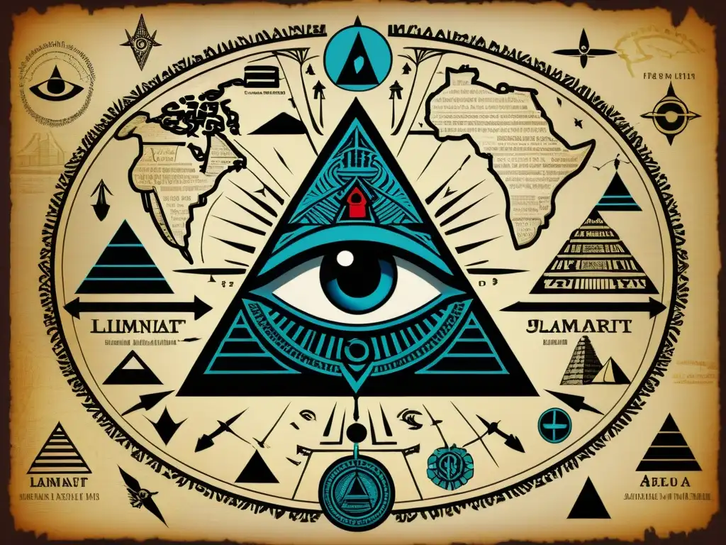 Intrincada red de símbolos históricos de los Illuminati conectando el mundo, ilustrando su impacto cultural y global