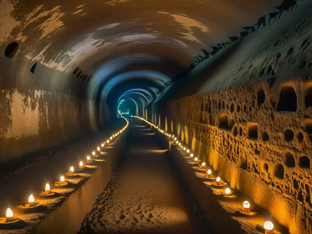 Intrincada red de túneles subterráneos en Cu Chi iluminados por lámparas de aceite, donde se ven figuras en la penumbra