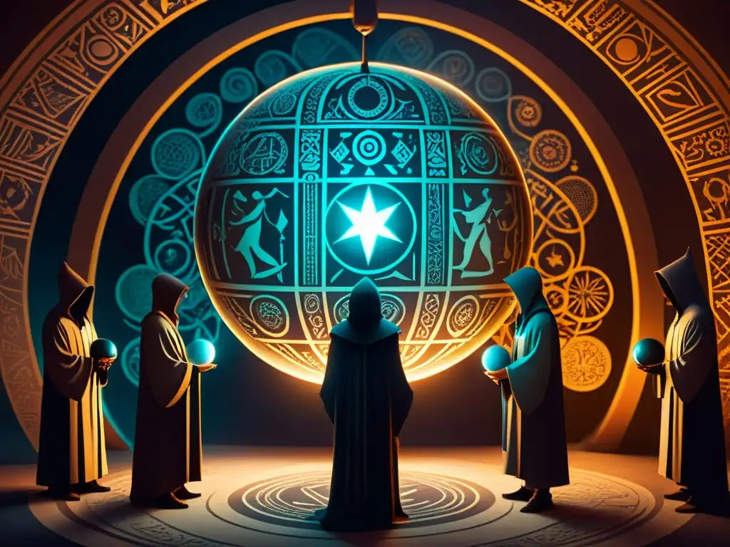 Conjuro misterioso: Sociedad secreta en torno a un orbe místico Intrincada ilustración de una sociedad oculta reunida alrededor de un místico orbe, con símbolos ancestrales y patrones geométricos