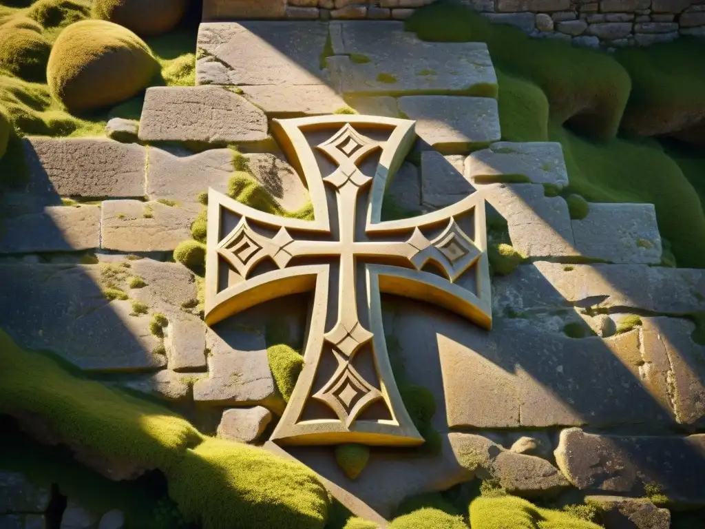 Intrincada cruz templaria en la piedra de un castillo en ruinas, destacando la influencia de sociedades secretas en la actualidad