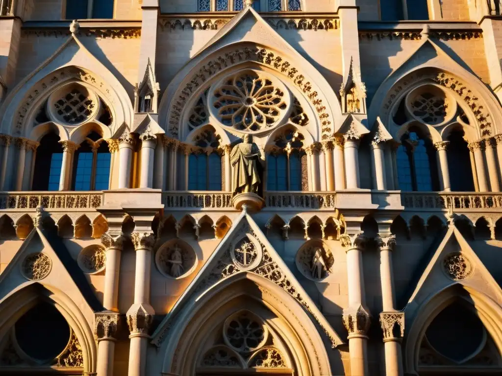 Intrincadas esculturas de piedra en catedral gótica al atardecer, revelando secretos de sociedades misteriosas