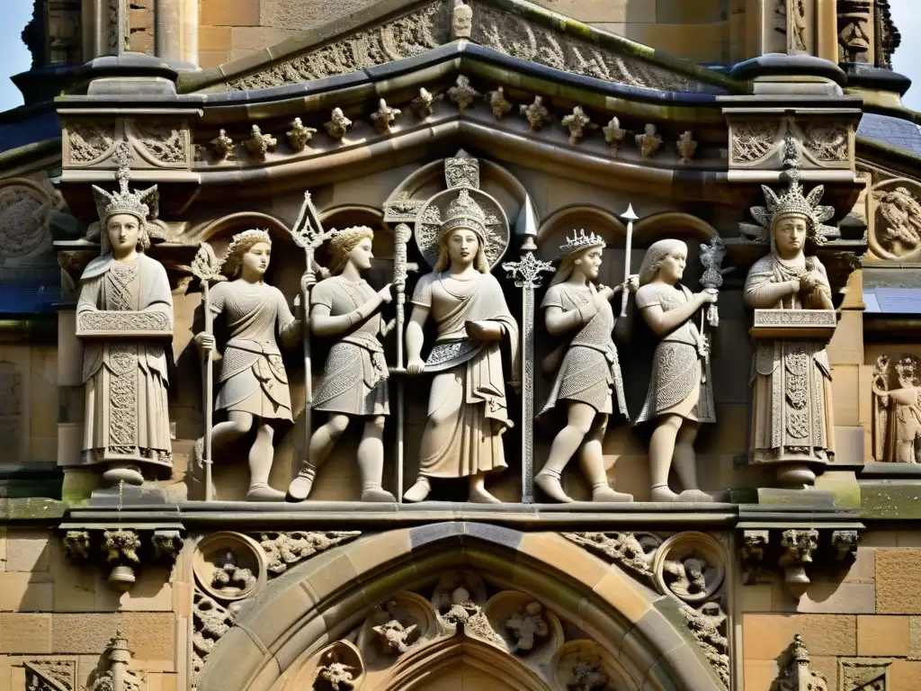 Intrincadas esculturas y símbolos en la fachada de la Capilla Rosslyn en Escocia, revelando misteriosas Sociedades secretas arquitectura simbólica