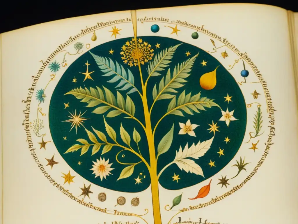 Intrincadas ilustraciones de plantas fantásticas y diagramas astronómicos en el manuscrito Voynich, revelando un mundo enigmático