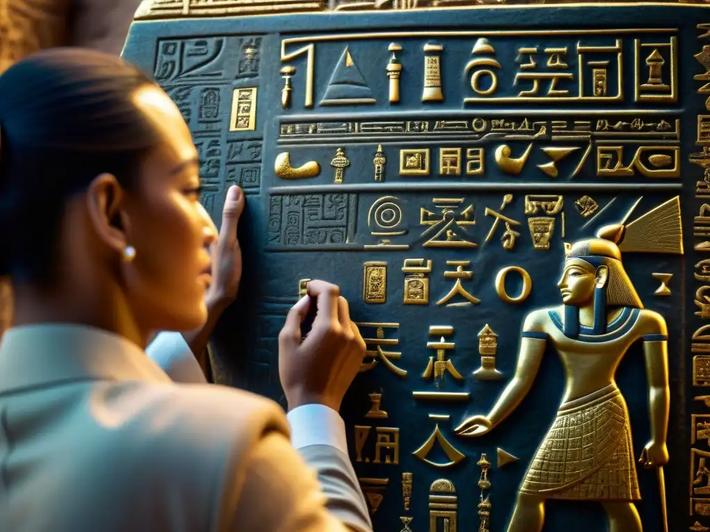 Intrincadas jeroglíficos dorados en una tableta de piedra, revelando los misterios de sociedades secretas y el oro