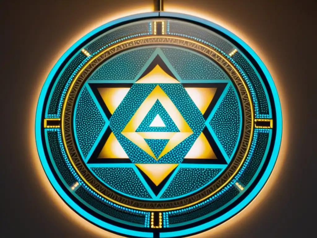 Intrincado arte moderno con símbolos masónicos, iluminado en galería