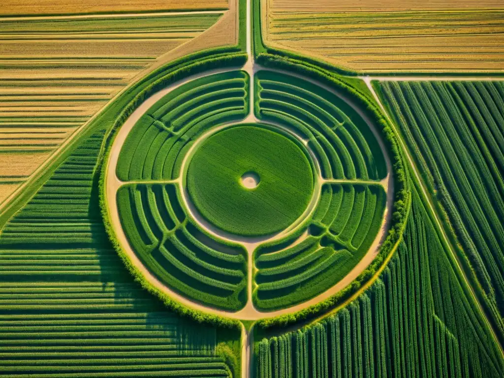 Intrincado crop circle en campo de trigo con mensajes cifrados de sociedades secretas