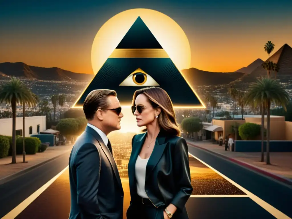 Intrincado collage de figuras famosas de Hollywood entre símbolos Illuminati, revelando la influencia en Hollywood