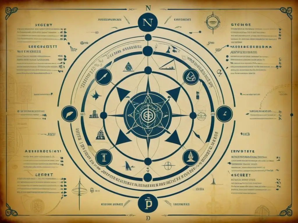 Intrincado diagrama de redes de sociedades secretas estructuran progresión ascenso en pergamino envejecido