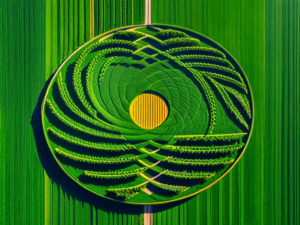 Intrincado diseño de crop circles en campo verde, resaltando precisión y complejidad