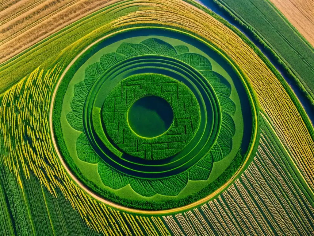 Intrincado diseño de crop circles en campo de trigo dorado bajo el sol, sugiriendo origenes alienígenas