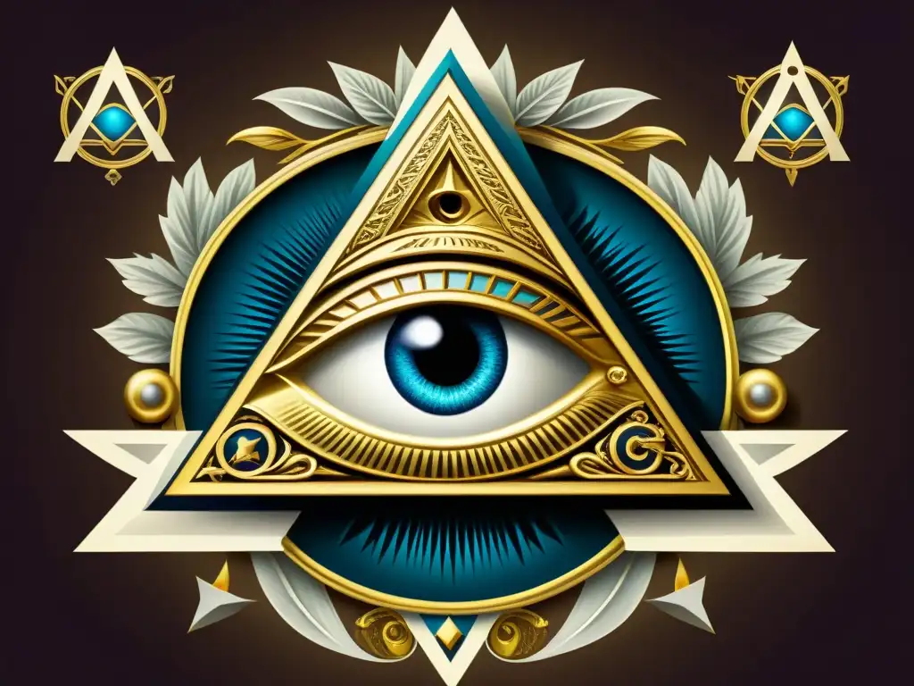 Intrincado diseño con símbolos de Illuminati y Masonería, ojo de la providencia y otros, revelando conexiones entre sociedades secretas