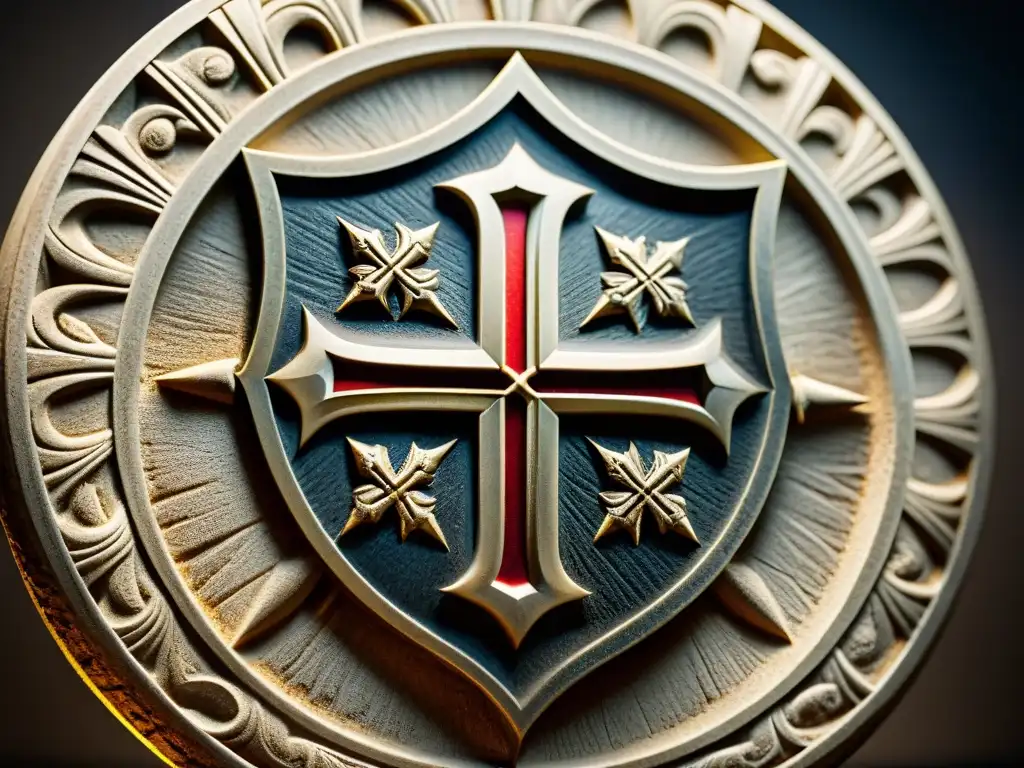 Intrincado emblema de los Caballeros Templarios iluminado, resaltando su antigüedad y misterio